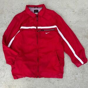 Nike Mens Y2K Windbreaker Jacket Red White Stripe Full Zip Large Vintage Swoosh